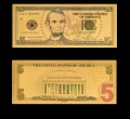 USA: Banknot złocony: 5 $ - pięć dolarów.  Sklep Numizmatyczny, Warszawa ul. Króla Maciusia 12.  www.sklepnumizmatyczany.eu