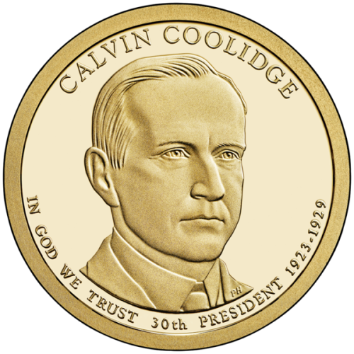 USA: moneta obiegowa z serii:  Prezydenci USA / Dolary Prezydenckie  (nr 30) - 1$ / 2014 r. -  	Calvin Coolidge.  Sklep Numizmatyczny, Warszawa ul. Króla Maciusia 12.  www.sklepnumizmatyczny.eu