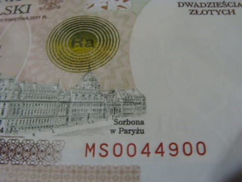 Banknot  20 zł /2011 r.  -  Maria Skłodowska-Curie - 100. rocznica przyznania Nagrody Nobla w dziedzinie chemii (ciekawy numer serii).
Sklep Numizmatyczny, Warszawa ul. Króla Maciusia 12.    www.sklepnumizmatyczny.eu