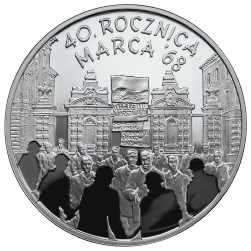Polska: srebrna moneta kolekcjonerska:  10 zł / 2008 r. - 40. rocznica Marca ’68.        Sklep Numizmatyczny, Warszawa ul. Króla Maciusia 12.    www.sklepnumizmatyczny.eu 