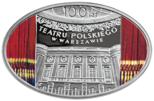 POLSKA: srebrna moneta kolekcjonerska w kształcie owalu:  10 zł / 2013 r. -  100 lat Teatru Polskiego w Warszawie.    
Warszawa,  Sklep Numizmatyczny:    
www.sklepnumizmatyczny.eu