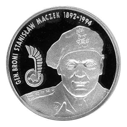 Polska: srebrna moneta kolekcjonerska:  10 zł / 2003 r. - Generał Brygady Stanisław Maczek (1892-1994).        Sklep Numizmatyczny, Warszawa ul. Króla Maciusia 12.    www.sklepnumizmatyczny.eu