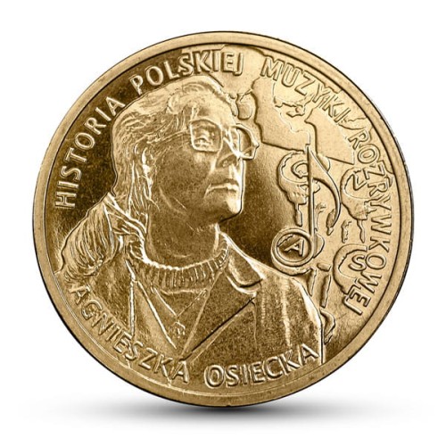 Polska: moneta ze stopu Nordic Gold:  2 zł / 2013 r. - Historia Polskiej Muzyki Rozrywkowej – Agnieszka Osiecka. Sklep Numizmatyczny, Warszawa ul. Króla Maciusia 12. www.sklepnumizmatyczny.eu 