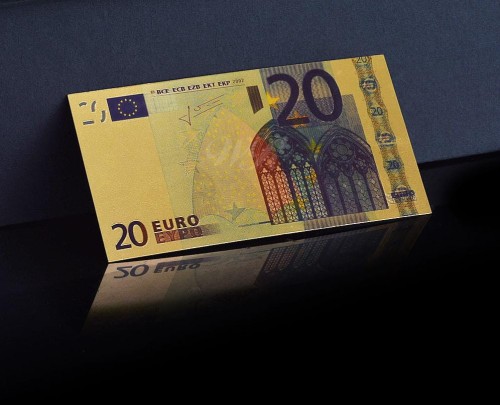 Banknot złocony - replika banknotu 20 Euro.  Sklep Numizmatyczny, Warszawa ul. Króla Maciusia 12.  www.sklepnumizmatyczny.eu