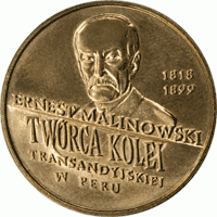 Polska: moneta ze stopu Nordic Gold: 2 zł / 1999 r. - Polscy podróżnicy i badacze:
100. rocznica śmierci Ernesta Malinowskiego (1818-1899).   Sklep Numizmatyczny, Warszawa ul. Króla Maciusia 12.    www.sklepnumizmatyczny.eu