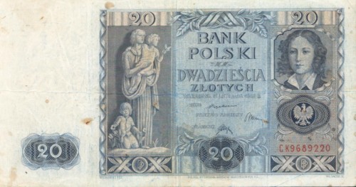 POLSKA:  Banknot 20 zł / 1936 r. XX - seria CK.  Sklep Numizmatyczny, Warszawa ul. Króla Maciusia 12.    www.sklepnumizmatyczny.eu
