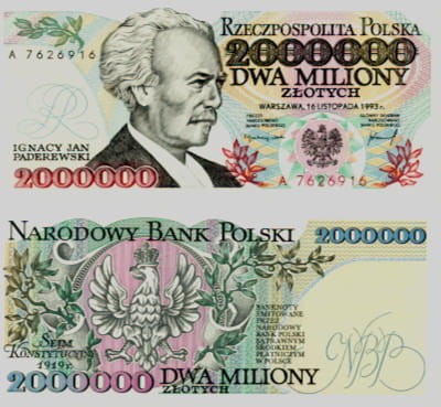 POLSKA Banknot 2.000.000 zł / 1993 r. - Ignacy Jan Paderewski.   Sklep Numizmatyczny, Warszawa ul. Króla Maciusia 12.    www.sklepnumizmatyczny.eu 