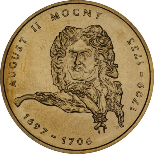 Polska: moneta ze stopu Nordic Gold: 2 zł / 2002 r. -  Poczet królów i książąt polskich:
August II Mocny (1697-1706; 1709-1733).        Sklep Numizmatyczny, Warszawa ul. Króla Maciusia 12.               www.sklepnumizmatyczny.eu 