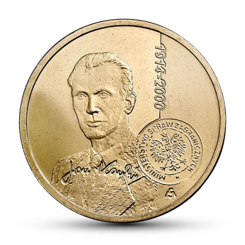 Polska: moneta ze stopu Nordic Gold:  2 zł / 2014 r. - 100. rocznica urodzin Jana Karskiego. Sklep Numizmatyczny, Warszawa ul. Króla Maciusia 12. www.sklepnumizmatyczny.eu 