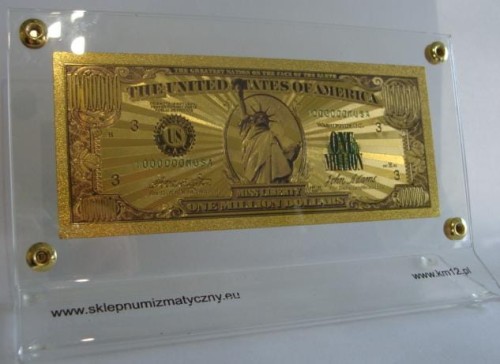 USA: Banknot złocony i kolorowany: 1.000.000 $ (1 MILION dolarów) w stojaku.  Warszawa,  Sklep Numizmatyczny: www.sklepnumizmatyczny.eu
