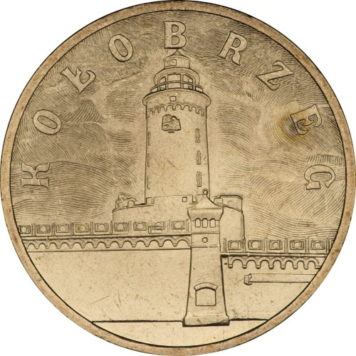 Polska: moneta ze stopu Nordic Gold: 2 zł / 2005 r. -  Historyczne Miasta w Polsce: Kołobrzeg – woj. zachodniopomorskie. Sklep Numizmatyczny, Warszawa ul. Króla Maciusia 12.   www.sklepnumizmatyczny.eu