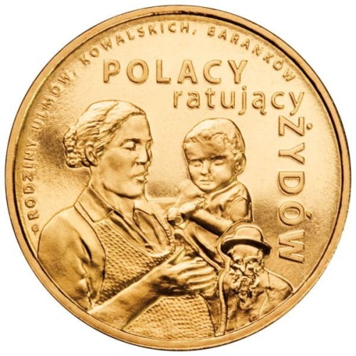 Polska: moneta ze stopu Nordic Gold:   2 zł / 2012 r. - Polacy Ratujący Żydów – Rodzina Ulmów, Kowalskich, Baranków. Sklep Numizmatyczny, Warszawa ul. Króla Maciusia 12. www.sklepnumizmatyczny.eu 
