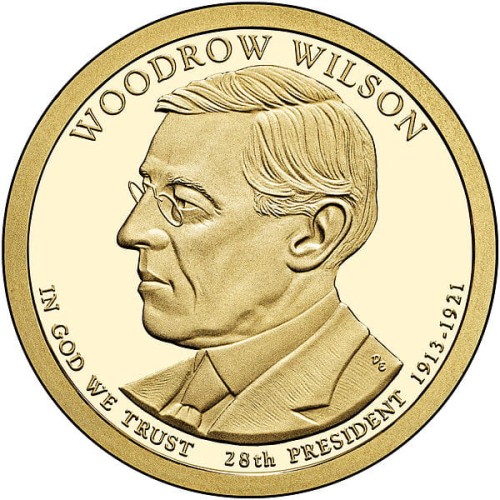 USA: moneta obiegowa z serii:  Prezydenci USA / Dolary Prezydenckie  (nr 28) - 1$ / 2013 r. -  	Woodrow Wilson.  Sklep Numizmatyczny, Warszawa ul. Króla Maciusia 12.  www.sklepnumizmatyczny.eu