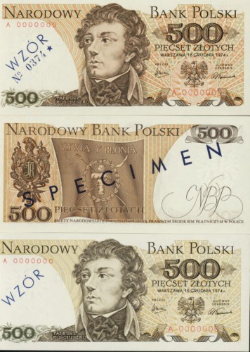 POLSKA: wzór banknotu / specimen 500 zł / 1974 r. z BŁĘDEM.  Sklep Numizmatyczny, Warszawa ul. Króla Maciusia 12.   
www.sklepnumizmatyczny.eu