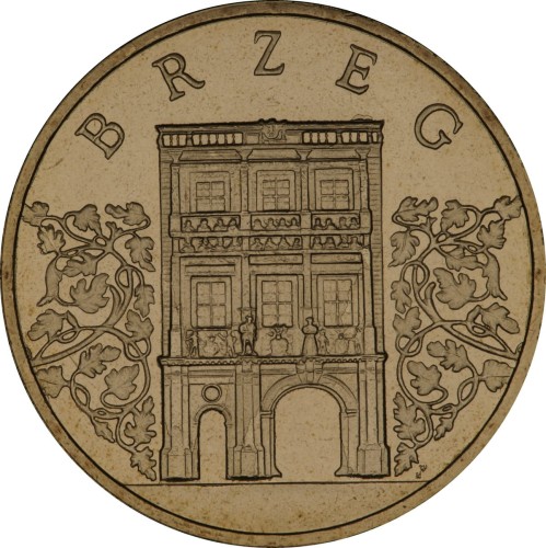 Polska: moneta ze stopu Nordic Gold: 2 zł / 2007 r. -  Historyczne Miasta w Polsce: Brzeg – woj. opolskie.  Sklep Numizmatyczny, Warszawa ul. Króla Maciusia 12.   www.sklepnumizmatyczny.eu
