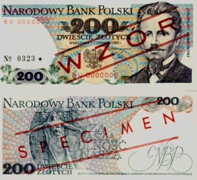 POLSKA: wzór banknotu / specimen 200 zł / 1982 r. XX   Sklep Numizmatyczny, Warszawa ul. Króla Maciusia 12   
www.sklepnumizmatyczny.eu