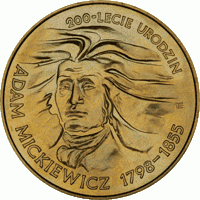 Polska: moneta ze stopu Nordic Gold: 2 zł / 1998r. - 200-lecie urodzin Adama Mickiewicza.   Sklep Numizmatyczny, Warszawa ul. Króla Maciusia 12.    www.sklepnumizmatyczny.eu
