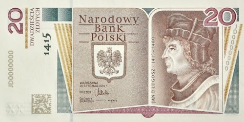 Polska: Banknot kolekcjonerski 20 zł / 2015 rok - 600. rocznica urodzin Jana Długosza.  Sklep Numizmatyczny, Warszawa ul. Króla Maciusia 12. www.sklepnumizmatyczny.eu
