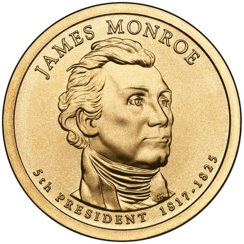 USA: moneta obiegowa z serii:  Prezydenci USA / Dolary Prezydenckie  (nr 5) - 1$ / 2008 r. - James Monroe.   Sklep Numizmatyczny, Warszawa ul. Króla Maciusia 12.  www.sklepnumizmatyczny.eu