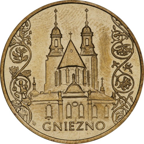 Polska: moneta ze stopu Nordic Gold: 2 zł / 2005 r. -  Historyczne Miasta w Polsce: Gniezno – woj. wielkopolskie. Sklep Numizmatyczny, Warszawa ul. Króla Maciusia 12.   www.sklepnumizmatyczny.eu