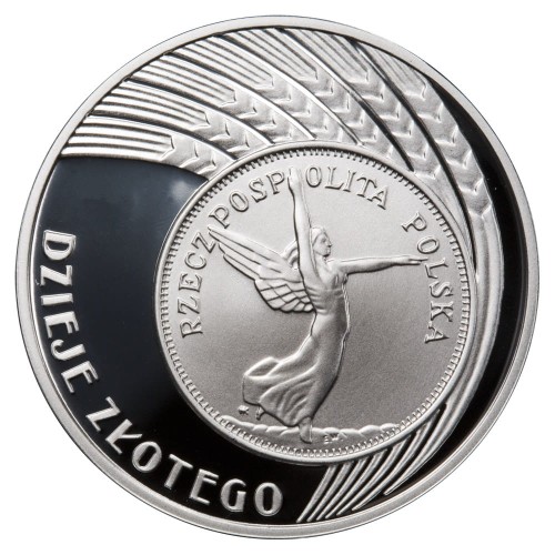 Polska: srebrna moneta kolekcjonerska:  10 zł / 2007 r. - Dzieje złotego: 5 zł z 1928 r. – Nike.        Sklep Numizmatyczny, Warszawa ul. Króla Maciusia 12.    www.sklepnumizmatyczny.eu