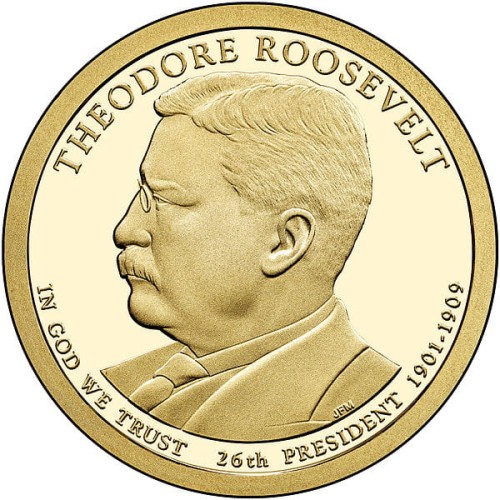 USA: moneta obiegowa z serii:  Prezydenci USA / Dolary Prezydenckie  (nr 26) - 1$ / 2013 r. -  Theodore Roosevelt.   Sklep Numizmatyczny, Warszawa ul. Króla Maciusia 12.  www.sklepnumizmatyczny.eu