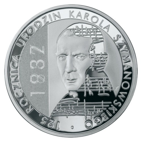 Polska: srebrna moneta kolekcjonerska:  10 zł / 2007 r. - 125. rocznica urodzin Karola Szymanowskiego (1882-1937).        Sklep Numizmatyczny,  Warszawa ul. Króla Maciusia 12.    www.sklepnumizmatyczny.eu 
