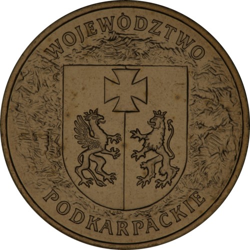 Polska: moneta ze stopu Nordic Gold: 2 zł / 2004 r. -  „Herby Województw": Województwo Podkarpackie. Sklep Numizmatyczny, Warszawa ul. Króla Maciusia 12.   www.sklepnumizmatyczny.eu