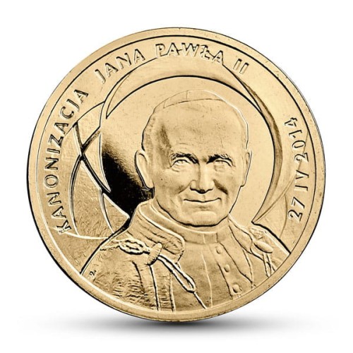 Polska: moneta ze stopu Nordic Gold: 2 zł / 2014 r. - Kanonizacja Jana Pawła II – 27 IV 2014. Sklep Numizmatyczny, Warszawa ul. Króla Maciusia 12. www.sklepnumizmatyczny.eu 