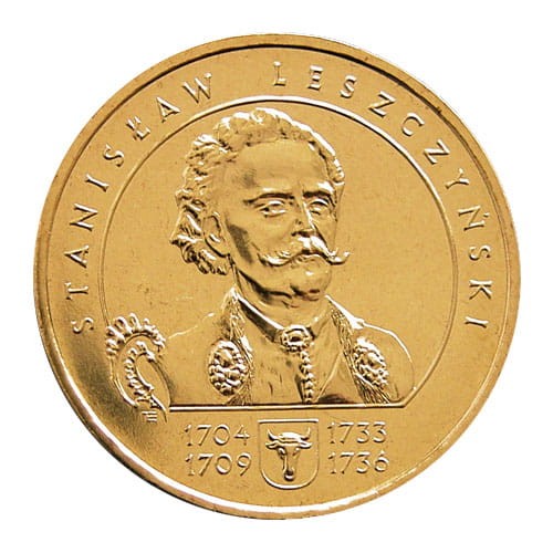 Polska: moneta ze stopu Nordic Gold: 2 zł / 2003 r. - Poczet królów i książąt polskich:
Stanisław Leszczyński (1704-1709; 1733-1736).        Sklep Numizmatyczny, Warszawa ul. Króla Maciusia 12.               www.sklepnumizmatyczny.eu 