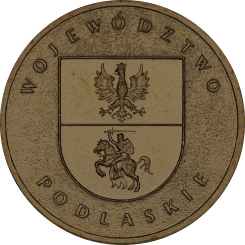 Polska: moneta ze stopu Nordic Gold: 2 zł / 2004 r. -  „Herby Województw": Województwo Podlaskie. Sklep Numizmatyczny, Warszawa ul. Króla Maciusia 12.   www.sklepnumizmatyczny.eu