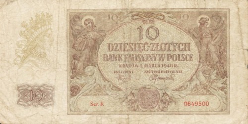 Banknot: Polska 10 zł / 1940 r. X - seria K.   Sklep Numizmatyczny, Warszawa ul. Króla Maciusia 12. www.sklepnumizmatyczny.eu