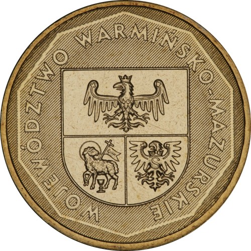 Polska: moneta ze stopu Nordic Gold: 2 zł / 2005 r. -  „Herby Województw": Województwo Warmińsko-mazurskie. Sklep Numizmatyczny, Warszawa ul. Króla Maciusia 12.   www.sklepnumizmatyczny.eu