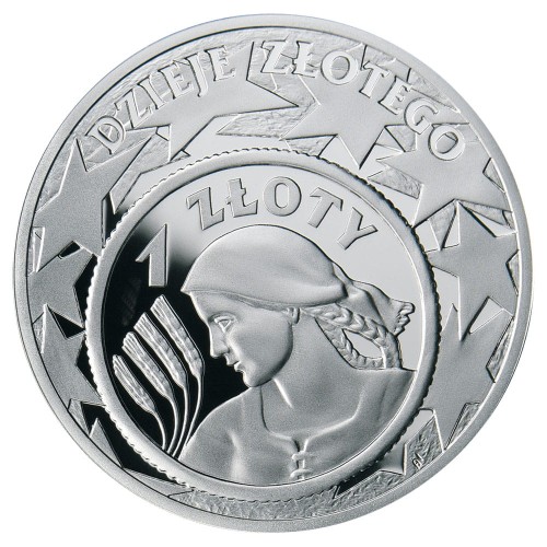 Polska: srebrna moneta kolekcjonerska:  10 zł / 2004 r. - Dzieje złotego: Dziewczyna z warkoczem (1 zł  z 1924 r).        Sklep Numizmatyczny, Warszawa ul. Króla Maciusia 12.    www.sklepnumizmatyczny.eu