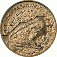 Polska: moneta ze stopu Nordic Gold: 2 zł / 1998r. - Zwierzęta świata: Ropucha paskówka.   Sklep Numizmatyczny, Warszawa ul. Króla Maciusia 12.    www.sklepnumizmatyczny.eu