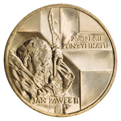 Polska: moneta ze stopu Nordic Gold: 2 zł / 2003 r. - Jan Paweł II – 25-lecie pontyfikatu.        Sklep Numizmatyczny, Warszawa ul. Króla Maciusia 12.               www.sklepnumizmatyczny.eu 