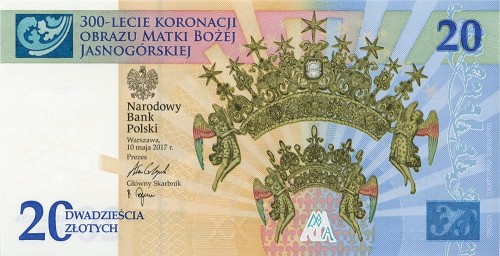 Banknot 20 zł / 2017 r. - 300-lecie koronacji Obrazu Matki Bożej Jasnogórskiej.  Sklep Numizmatyczny, Warszawa ul. Króla Maciusia 12. www.sklepnumizmatyczny.eu