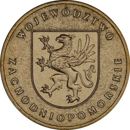 Polska: moneta ze stopu Nordic Gold: 2 zł / 2005 r. -  „Herby Województw": Województwo Zachodniopomorskie. Sklep Numizmatyczny, Warszawa ul. Króla Maciusia 12.   www.sklepnumizmatyczny.eu